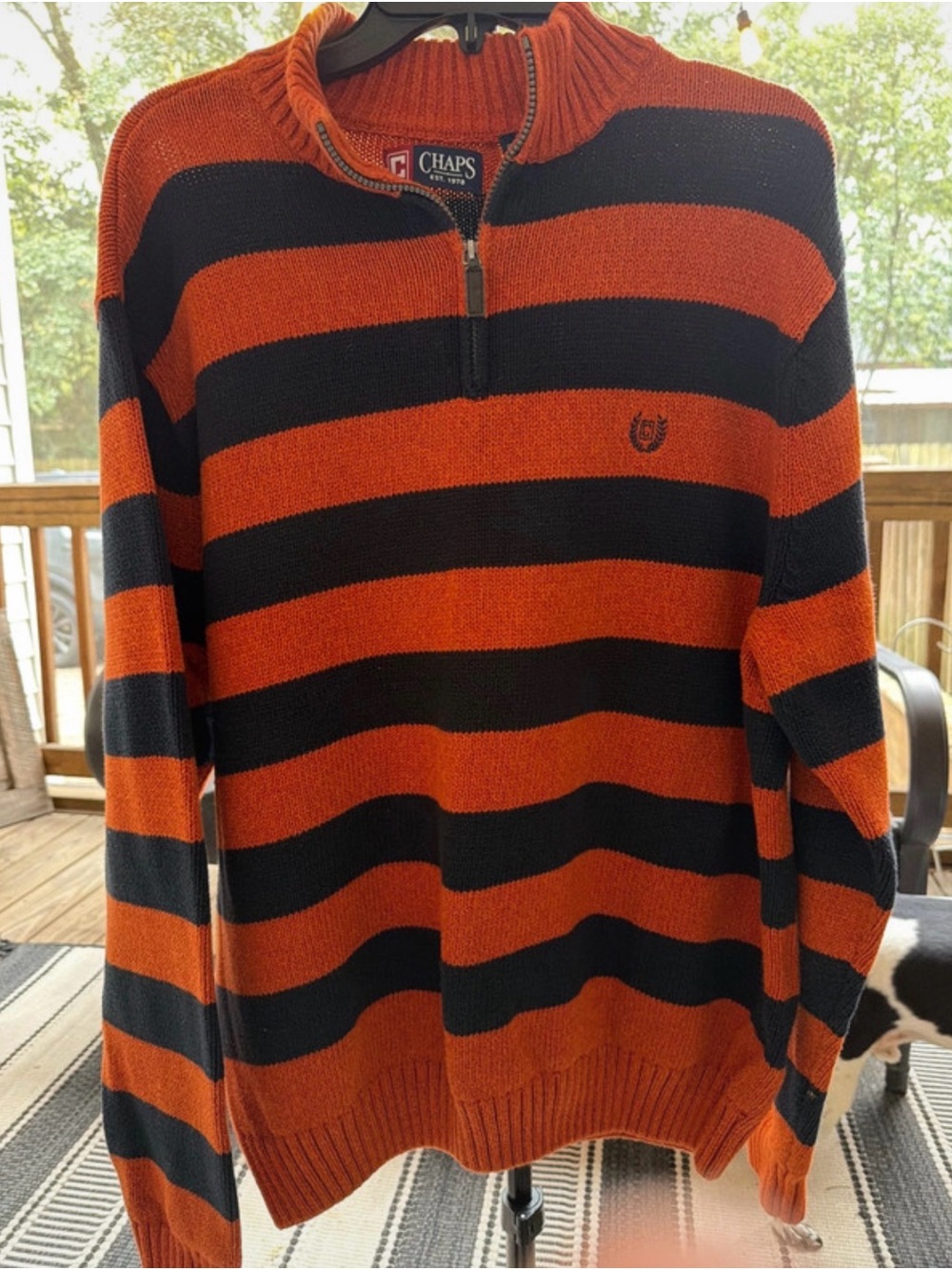Chaps Men’s Orange and Black Striped Half-Zip Sweater